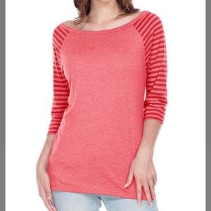 Red 3/4 Stripe-Sleeve Boatneck Top, M